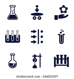 Scientific icons set. set of 9 scientific filled icons such as heart test tube, test tube, atom move, atom