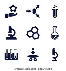 Scientific icons set. set of 9 scientific filled icons such as heart test tube, test tube, atom move, microscope, atom, atom in hand