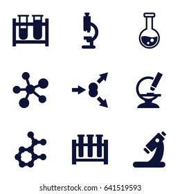 Scientific icons set. set of 9 scientific filled icons such as test tube, microscope, atom move