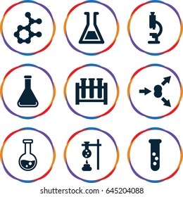 Scientific icons set. set of 9 scientific filled icons such as test tube, atom move, atom