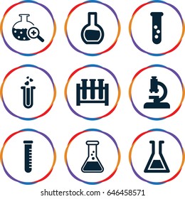 Scientific icons set. set of 9 scientific filled icons such as heart test tube, test tube search, test tube