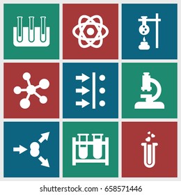 Scientific icons set. set of 9 scientific filled icons such as test tube, heart test tube, atom, atom move