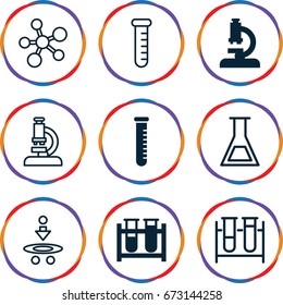 Scientific icons set. set of 9 scientific filled and outline icons such as test tube, microscope