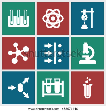 Scientific icons set. set of 9 scientific filled icons such as test tube, heart test tube, atom, atom move