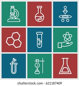 Scientific icons set. set of 9 scientific outline icons such as heart test tube, test tube, microscope, atom, atom in hand