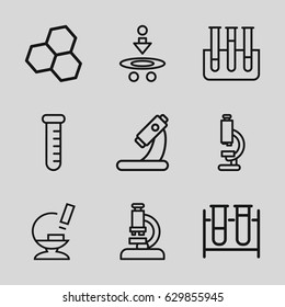 Scientific icons set. set of 9 scientific outline icons such as test tube, microscope, atom