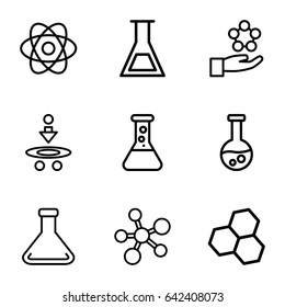 Scientific icons set. set of 9 scientific outline icons such as test tube, atom, atom in hand - Shutterstock ID 642408073