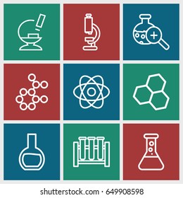 Scientific icons set. set of 9 scientific outline icons such as microscope, test tube search, test tube, atom