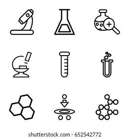 Scientific icons set. set of 9 scientific outline icons such as microscope, heart test tube, test tube search, test tube, atom