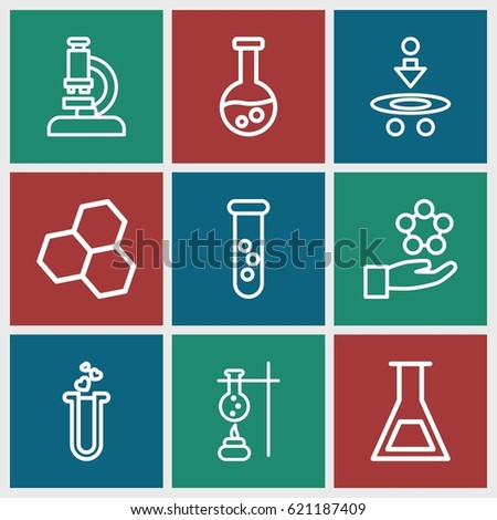 Scientific icons set. set of 9 scientific outline icons such as heart test tube, test tube, microscope, atom, atom in hand