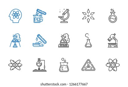scientific icons set. Collection of scientific with atom, nuclear, flask, atomic, microscope, test tube, science. Editable and scalable scientific icons.