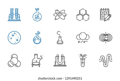 scientific icons set. Collection of scientific with physics, test tube, flask, molecule, magnetic field, mercury, trial, atom. Editable and scalable scientific icons.