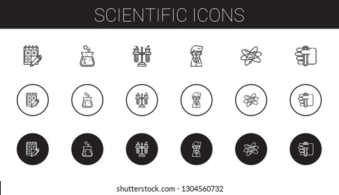 scientific icons set. Collection of scientific with trial, flask, tubes, scientist, atom, test tube. Editable and scalable scientific icons.