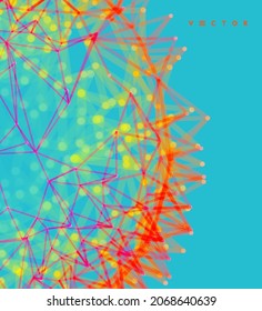 Scientific illustration with connected lines and dots. Luminous microscopic forms. Glowing grid. Connection structure. Wireframe vector illustration.