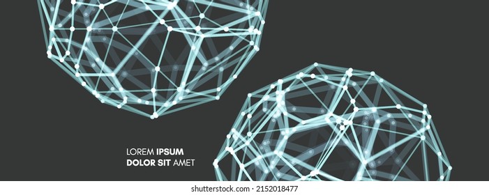 Scientific illustration with connected lines and dots. Sphere. 3d wireframe object. Luminous microscopic forms. Glowing grid. Connection structure. Vector for banner, poster, cover or brochure.