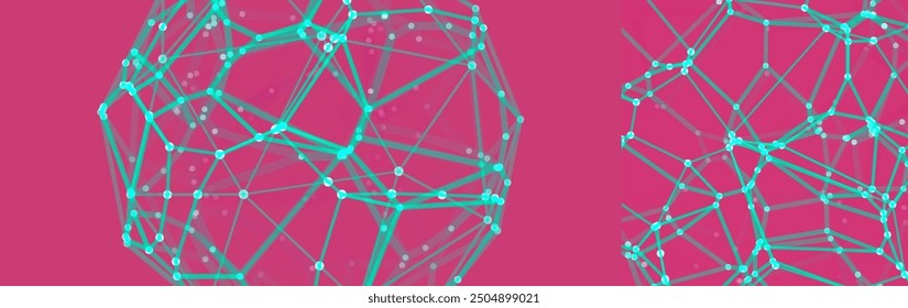 Wissenschaftliche Darstellung mit verbundenen Linien und Punkten. Kugel. 3D-Drahtmodell-Objekt Mikroskopische Formen. Leuchtendes Gitter. Verbindungsstruktur. Vektor für Banner, Poster, Cover oder Broschüre.