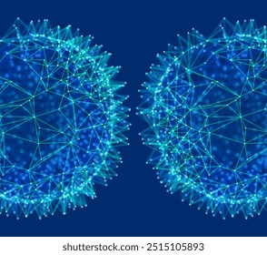 Ilustración científica con líneas y puntos conectados. Formas microscópicas luminosas. Rejilla brillante. Estructura de conexión. Ilustración vectorial de alambre.