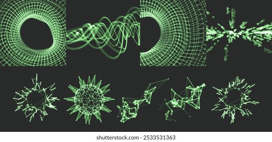 Scientific illustration with connected lines and dots. Luminous microscopic forms. Glowing grid. Spiral. Sphere. Connection structure. Wireframe vector illustration for science, chemistry or education
