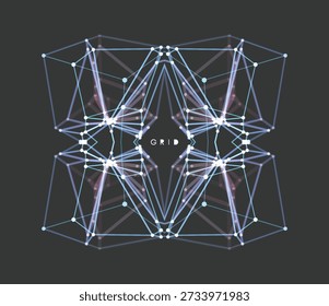 Wissenschaftliche Darstellung mit verbundenen Linien und Punkten. Komplexes kubisches Modell. Visualisierung von chemischen und anderen Bindungen in einer Blockstruktur. 3D-Drahtmodell-Objekt Raster. Verbindungsstruktur. Vektor.