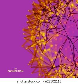 Ilustración científica con líneas y puntos conectados. Formas microscópicas luminosas. Cuadrícula brillante. Estructura de conexión. Ilustración vectorial de malla alambrada. 