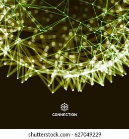 Scientific illustration with connected lines and dots. Luminous microscopic forms. Glowing grid. Connection structure. Wireframe vector illustration.