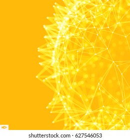 Scientific illustration with connected lines and dots. Luminous microscopic forms. Glowing grid. Connection structure. Wireframe vector illustration.