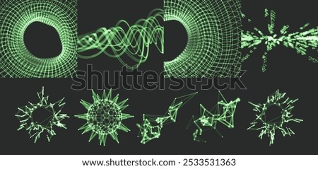 Scientific illustration with connected lines and dots. Luminous microscopic forms. Glowing grid. Spiral. Sphere. Connection structure. Wireframe vector illustration for science, chemistry or education
