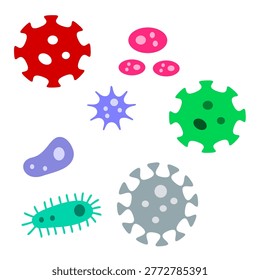 Scientific illustration depicts a cluster of various microorganisms, including bacteria and viruses, magnified under a microscope.