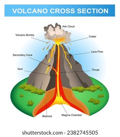 Scientific infographics vector 3d illustration. Volcanic eruption. Volcano cross section diagram