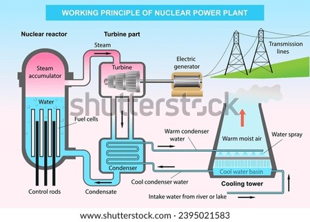 Scientific infographics vector illustration. Working principle of nuclear power plant