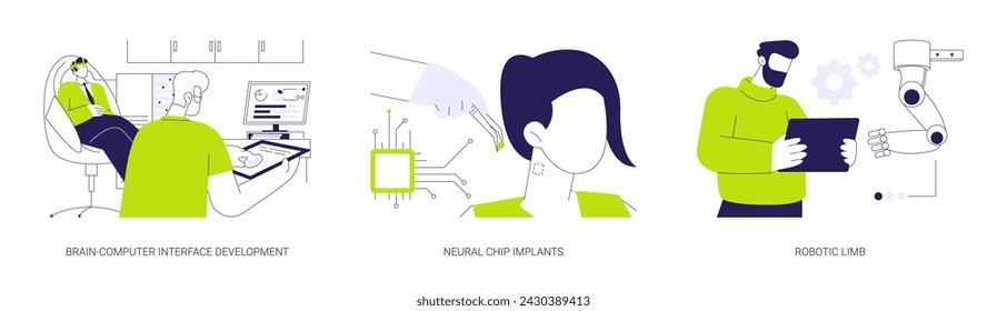 Conjunto de ilustración vectorial de concepto abstracto de innovación científica. Desarrollo de interfaz cerebro-computadora, implantes de chips neuronales, ingeniero desarrollando miembro robótico, fabricación de prótesis metáfora abstracta.