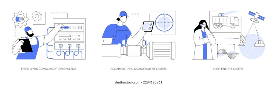 Scientific innovation in industry abstract concept vector illustration set. Fibre-optic communication systems, alignment and measurement lasers, high-energy lasers, physics science abstract metaphor.