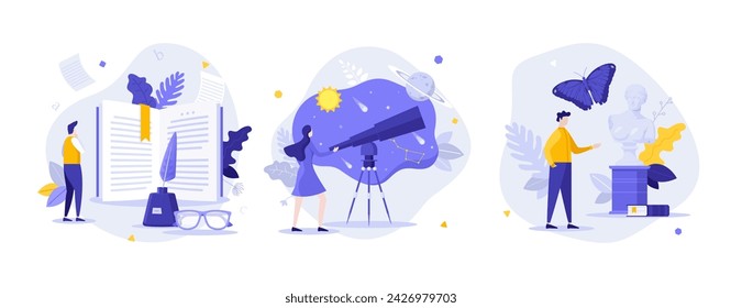 Scientific jobs flat concept vector illustrations set. Literature author, astronomist and art criticism cartoon composition. Branches of science and research creative idea for website, presentation