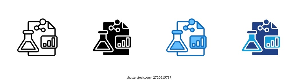 Revista científica Vector de diseño de íconos de estilo múltiple: frasco de química con un documento y un diagrama molecular que representan estudios científicos publicados