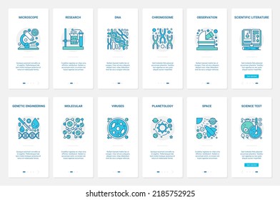 Scientific lab research vector illustration. UX, UI onboarding mobile app page screen set with line science test researchers laboratory symbols of genetic engineering, space planetology, microbiology