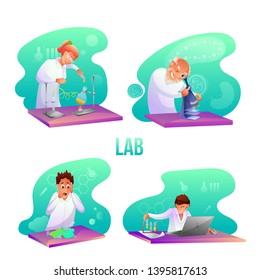 Scientific lab workers flat illustrations set. Medic testing cure in medical laboratory. Biologist looking in microscope. Biochemist making researches. Chemistry student breaking glass with chemicals