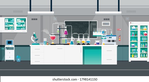 Scientific laboratories with experimental tools and equipment.