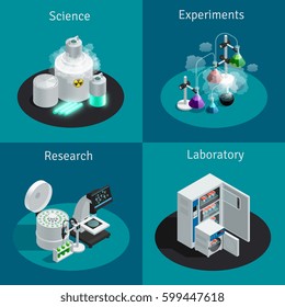 Scientific laboratory 2x2 isometric design concept with substance for experiment and equipment for research vector illustration 