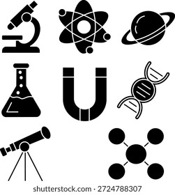 Ícones de laboratório científico e astronomia em estilo sólido.