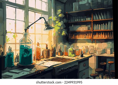 Laboratorio científico, laboratorio de investigación en biología y química, sala de experimentos y estudios, ilustración