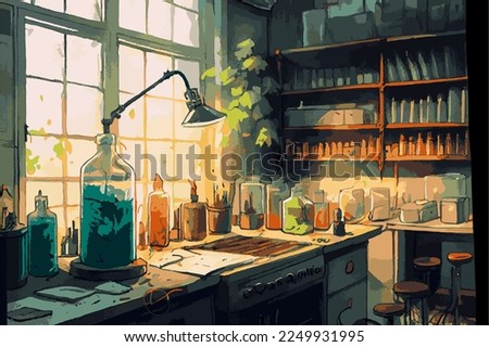 Scientific laboratory, biology and chemistry research lab, experiment and study room, illustration