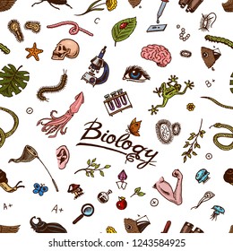 Scientific laboratory in Biology seamless pattern. Biochemistry Research. Living creatures organisms molecules. Medicine in school. Education and Science. engraved hand drawn in sketch vintage style.