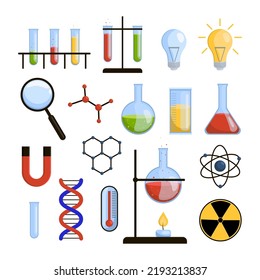 Equipo de laboratorio científico conjunto de ilustraciones vectoriales planas. Equipo médico, farmacéutico o científico para biología, física, medicina y biotecnología, tubos de vidrio. Ciencia, concepto escolar