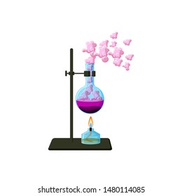 Scientific laboratory experiment. Chemical beaker with solid, boiling liquid and vapor, tripod and alcohol burner isolated on white background. Cartoon style vector illustration.