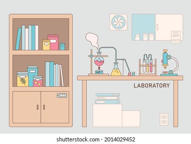 scientific laboratory laboratory. Experimental equipment is placed on the table and there is a bookshelf next to it. outline simple vector illustration.