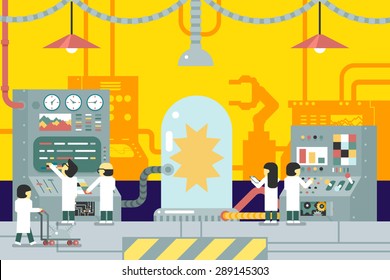 scientific laboratory experiments experience scientists work in front of control panel analysis production development study business flat design concept illustration