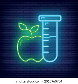 Scientific laboratory flask apple icon glow neon style, educational institution process, back to school outline flat vector illustration, isolated on black. Concept supplies symbol, community college