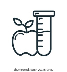 Scientific laboratory flask with apple icon, educational institution process, back to school outline flat vector illustration, isolated on white. Concept supplies symbol, community college.