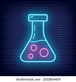 Scientific laboratory flask icon glow neon style, educational institution process, back to school color outline flat vector illustration, isolated on black. Concept supplies symbol, community college