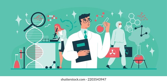 Scientific laboratory flat concept with scientist and researcher characters vector illustration
